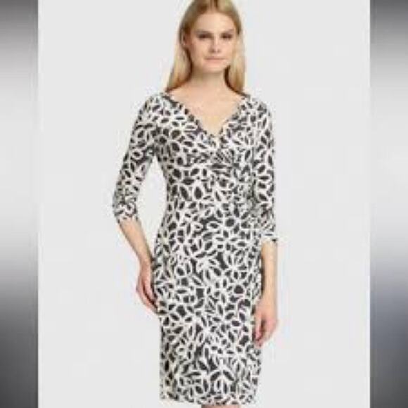 Lauren Ralph Lauren Gray White Printed Surplice Faux Wrap Dress Size 14 - Picture 1 of 16